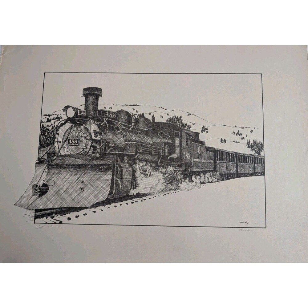 Cumbres Toltec RR 488 Steam Locomotive Pen Ink Print Towell 1981 57/250 16x20